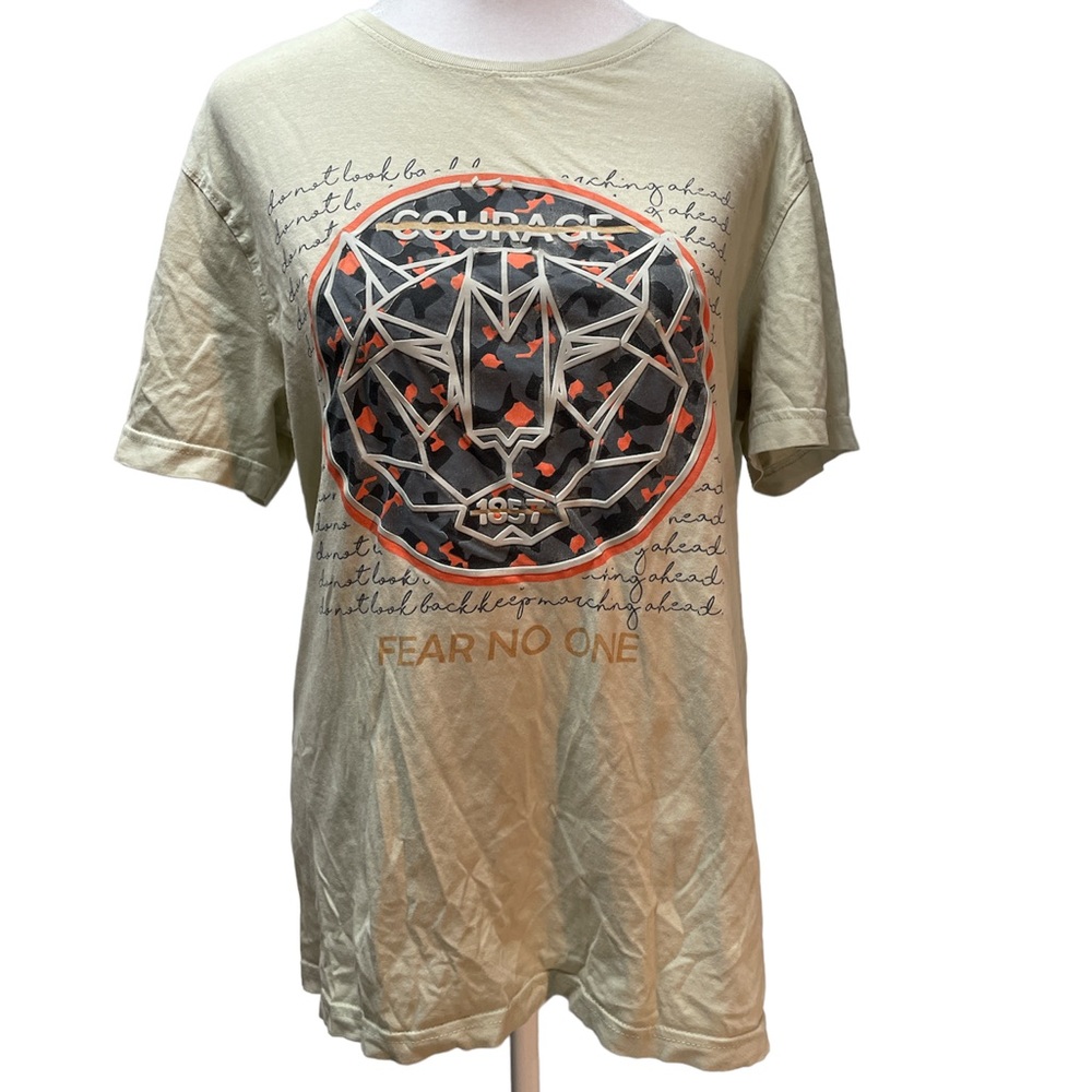 Vintage Max 2003 Tan with Grey Orange Graphic Women's Short Sleeve Tee Medium